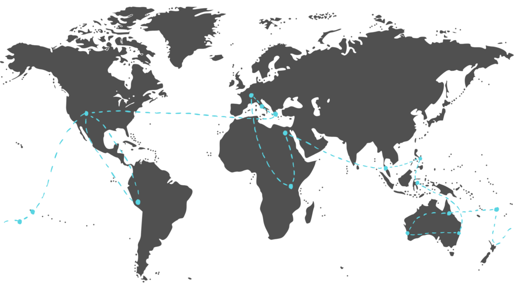 world map with blue dotted lines of Taylor family Itinerary