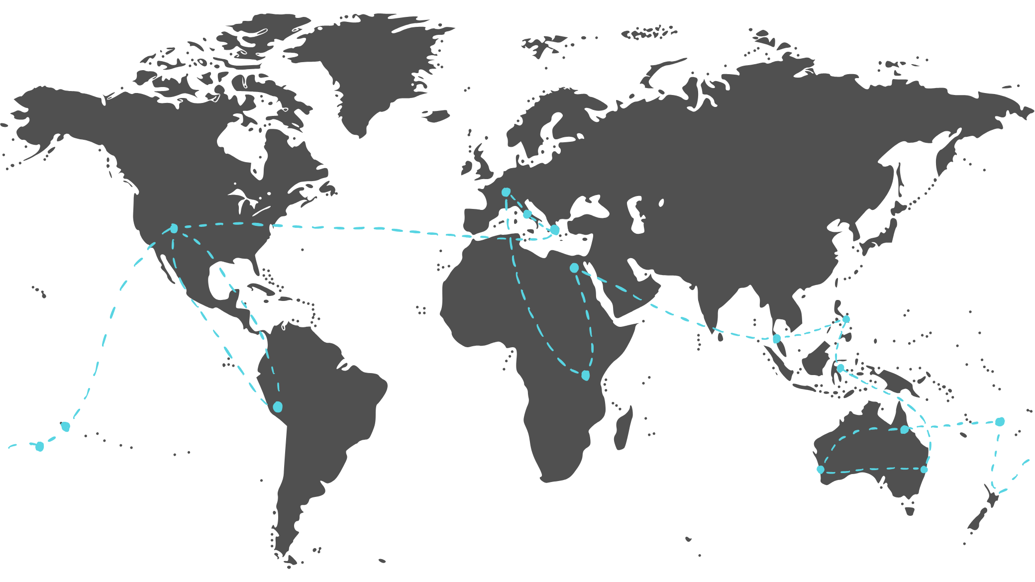 world map with blue dotted lines of Taylor family Itinerary